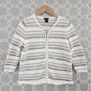 Ann Taylor Full Zip Textured 3/4 Sleeve Striped Women's Sweater LP